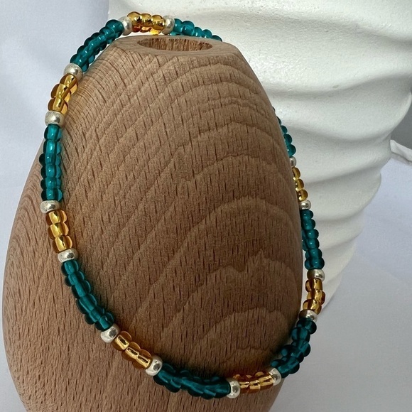 STRETCH Beaded Anklet with Blue and Gold Glass Beads - Picture 1 of 13